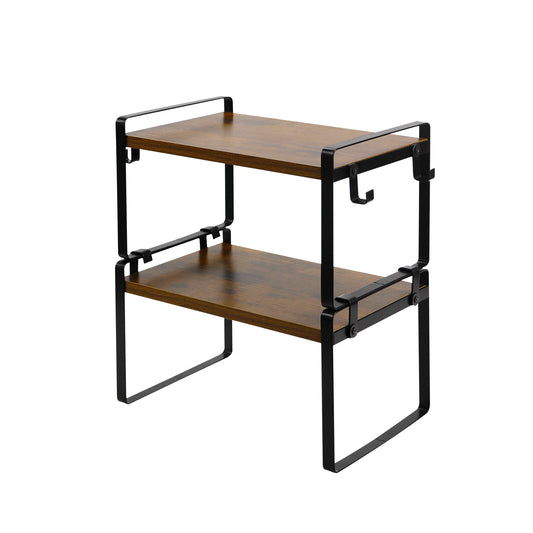 Étagère à 2 niveaux avec 8 crochets en fer, Organiseur de rangement polyvalent et robuste pour cuisine, 30x20x18 cm--Marron