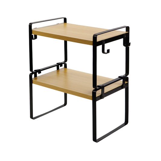 Étagère à 2 niveaux avec 8 crochets en fer, Organiseur de rangement polyvalent et robuste pour cuisine, 30x20x18 cm--Couleur bois