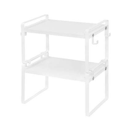Étagère à 2 niveaux avec 8 crochets en fer, Organiseur de rangement polyvalent et robuste pour cuisine, 30x20x18 cm--Blanc