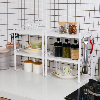 Étagère à 2 niveaux avec 8 crochets en fer, Organiseur de rangement polyvalent et robuste pour cuisine, 30x20x18 cm--Blanc
