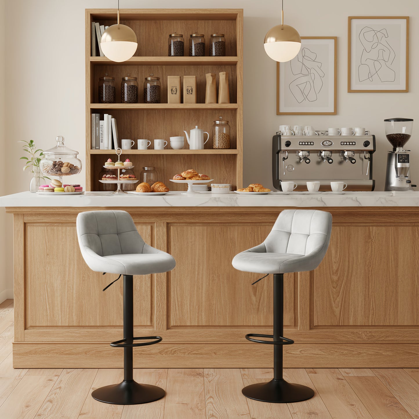 Lot de 2 tabourets de bar réglables en hauteur avec dossier, rembourrés, pivotants à 360°, modernes en velours gris