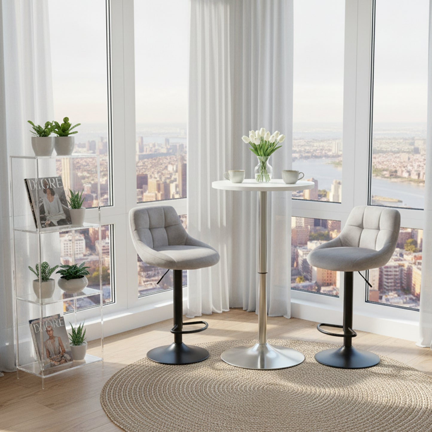 Lot de 2 tabourets de bar réglables en hauteur avec dossier, rembourrés, pivotants à 360°, modernes en velours gris