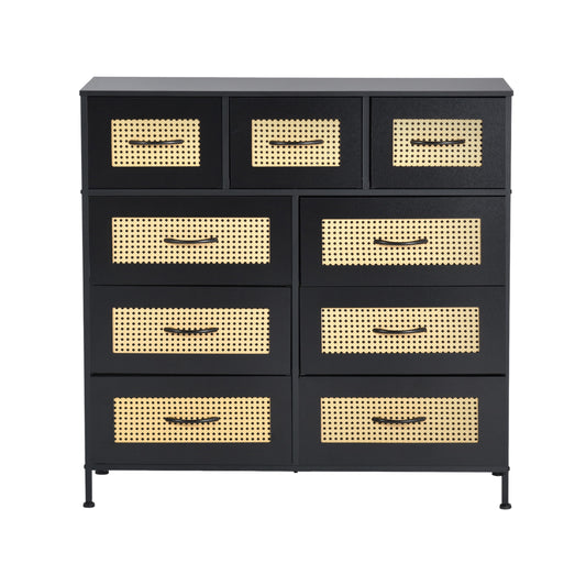 Buffet industriel 9 tiroirs en tissu non tissé, meuble de rangement pour salon, cuisine, salle à manger, 100 x 30 x 100 cm, noir
