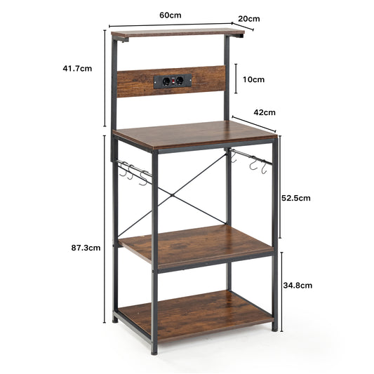 Bibliothèque indépendante de rangement, 4 Niveaux, Cadre en Acier Stable, avec 1 prise, Salon, Chambre, Bureau, 60 x 42 x 129 cm - Marron