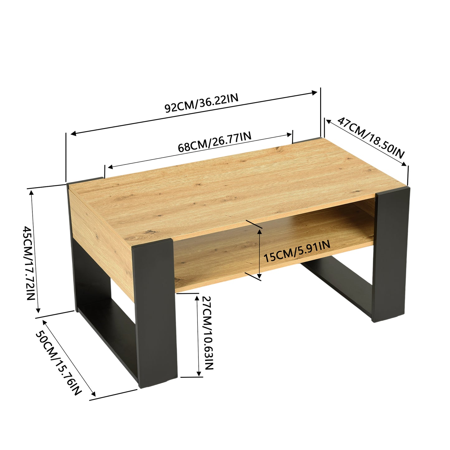 Table Basse , Chêne de Force doré/Noir, 92 x 50 cm avec Tablette
