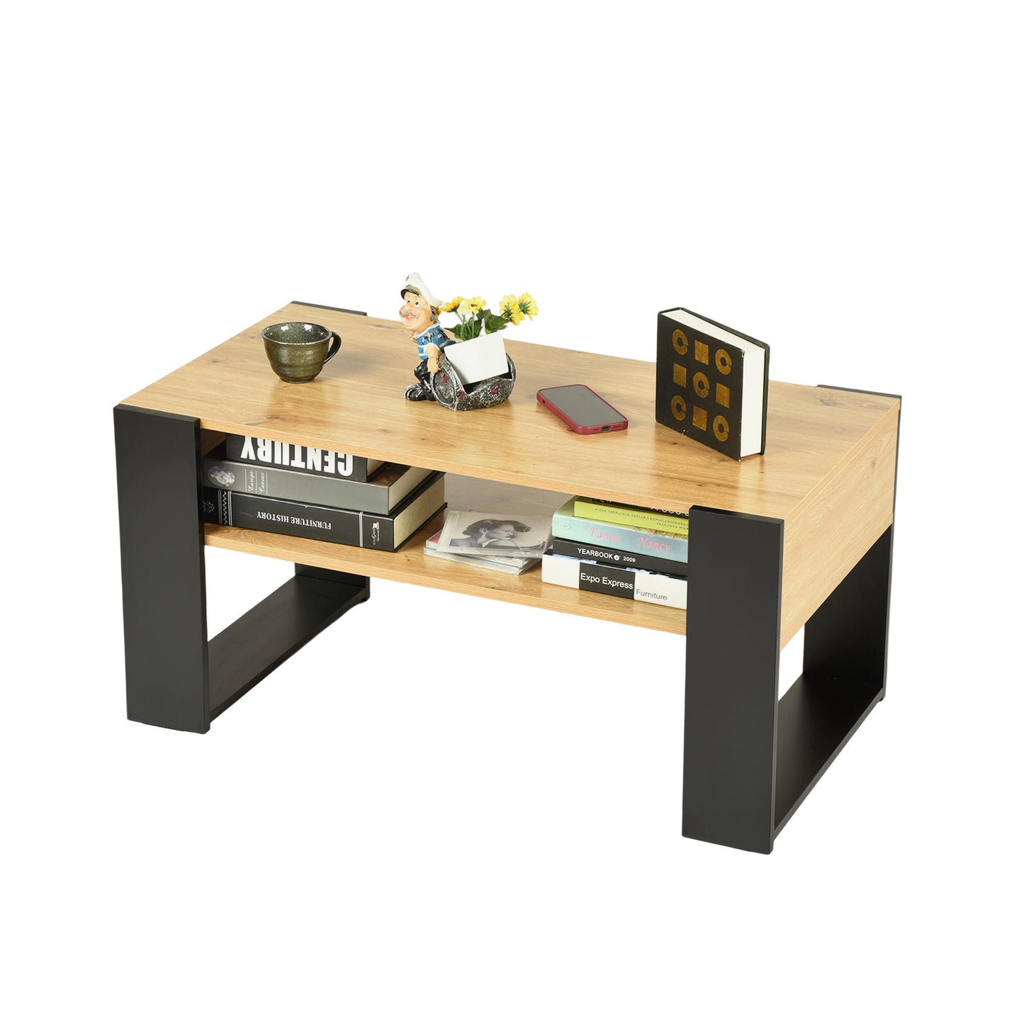 Table Basse , Chêne de Force doré/Noir, 92 x 50 cm avec Tablette