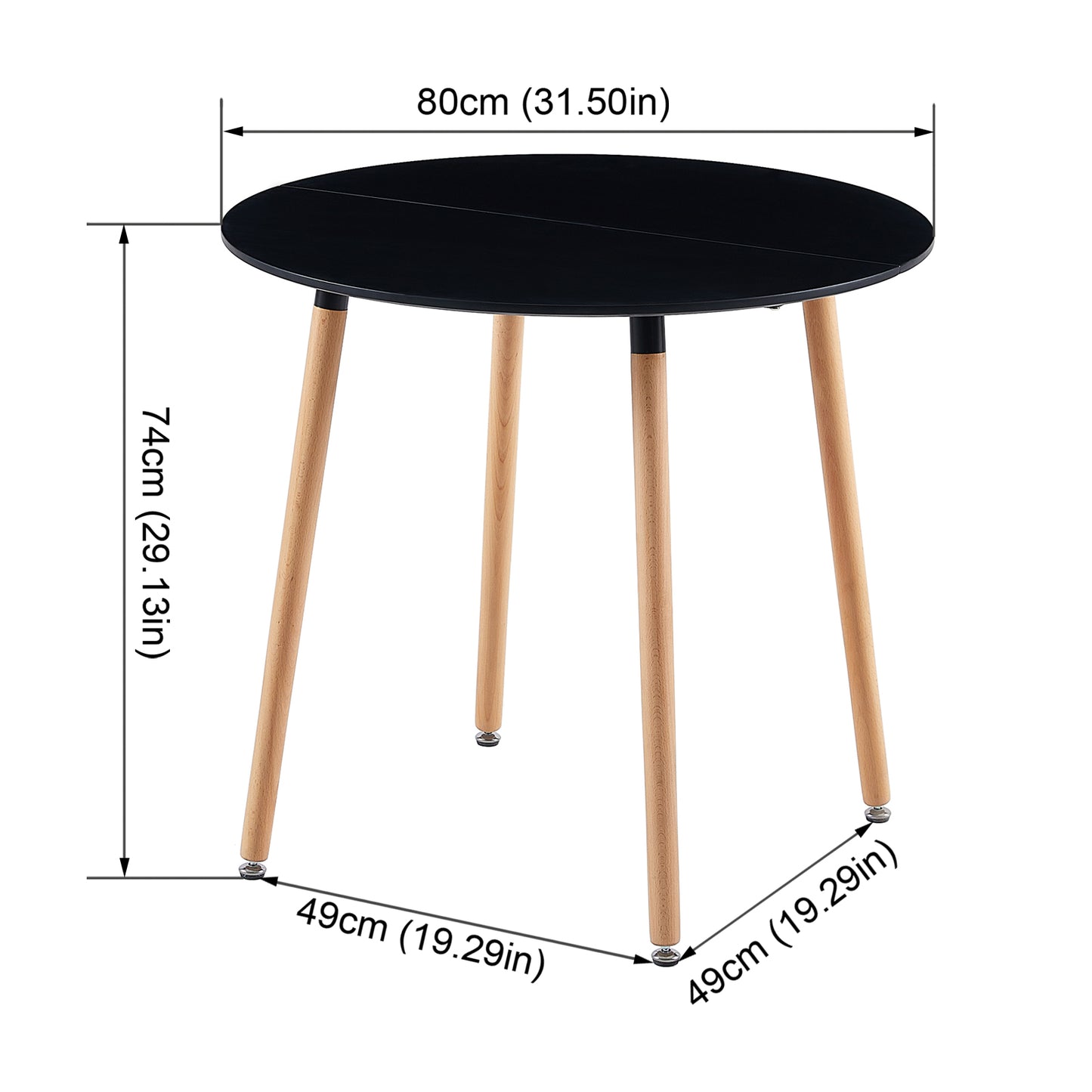 Table à Manger Ronde Moderne Laquée Noir Mat pour 2 à 4 Personnes - Pieds en Hêtre - 80 x 80 x 73 cm