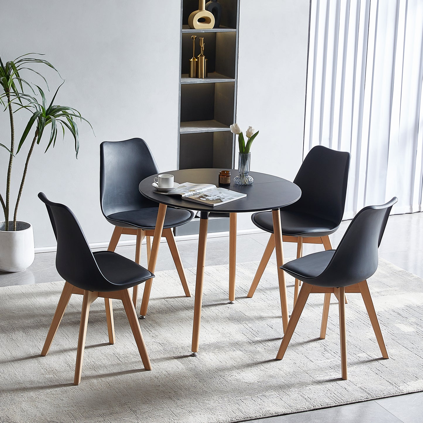 Ensemble table et chaises - Table Ronde de Cuisine avec Pieds en Bois et 4 Chaises Scandinaves Noires, Dimensions 54*54*82cm