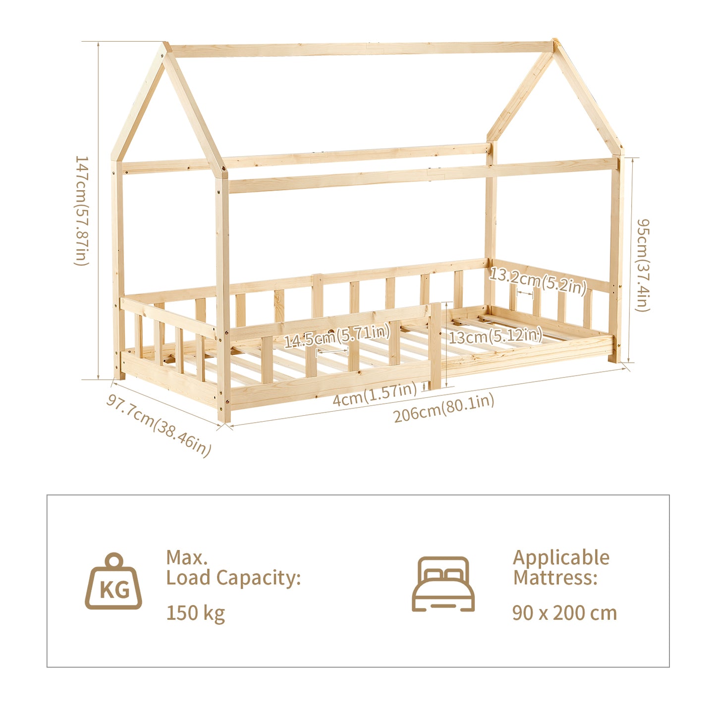 Lit Cabane Enfant, Bois Naturel- 90 x 200 cm - Couleur bois