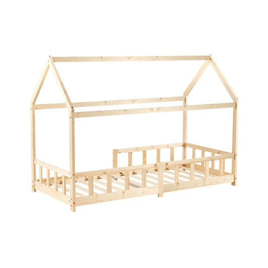 Lit Cabane Enfant, Bois Naturel- 90 x 200 cm - Couleur bois