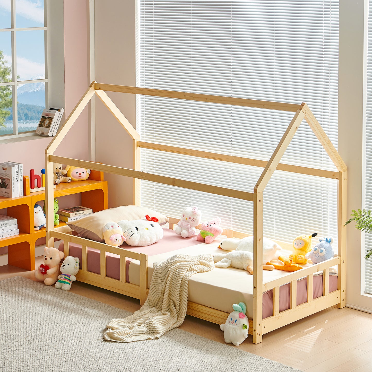 Lit Cabane Enfant, Bois Naturel- 90 x 200 cm - Couleur bois