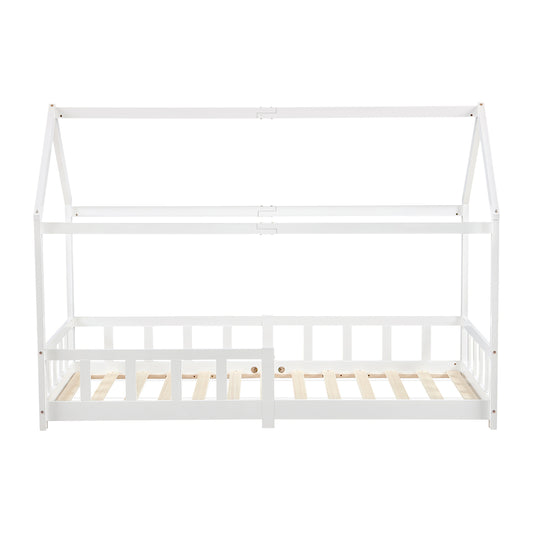 Lit Cabane Enfant, Bois Naturel- 90 x 200 cm - Blanc