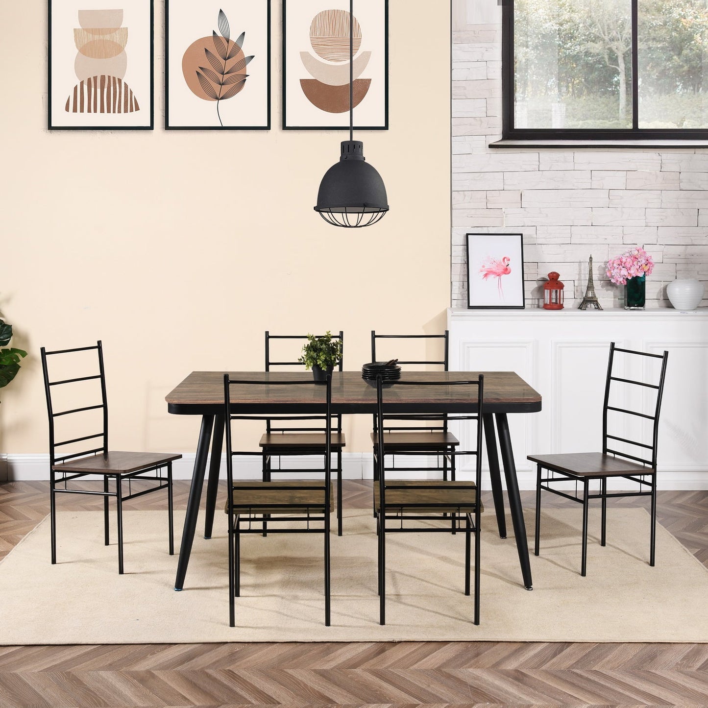 Lot de  6 Chaises de salle à manger, cadre en fer et modèle MDF – Design grain de bois marron – Style industriel