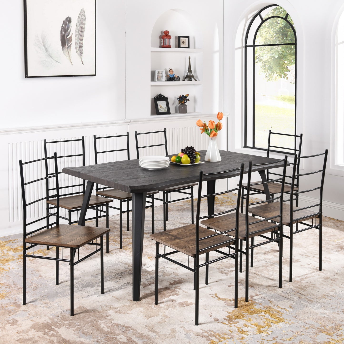 Lot de 8 Chaises de salle à manger, cadre en fer et modèle MDF – Design grain de bois marron – Style industriel