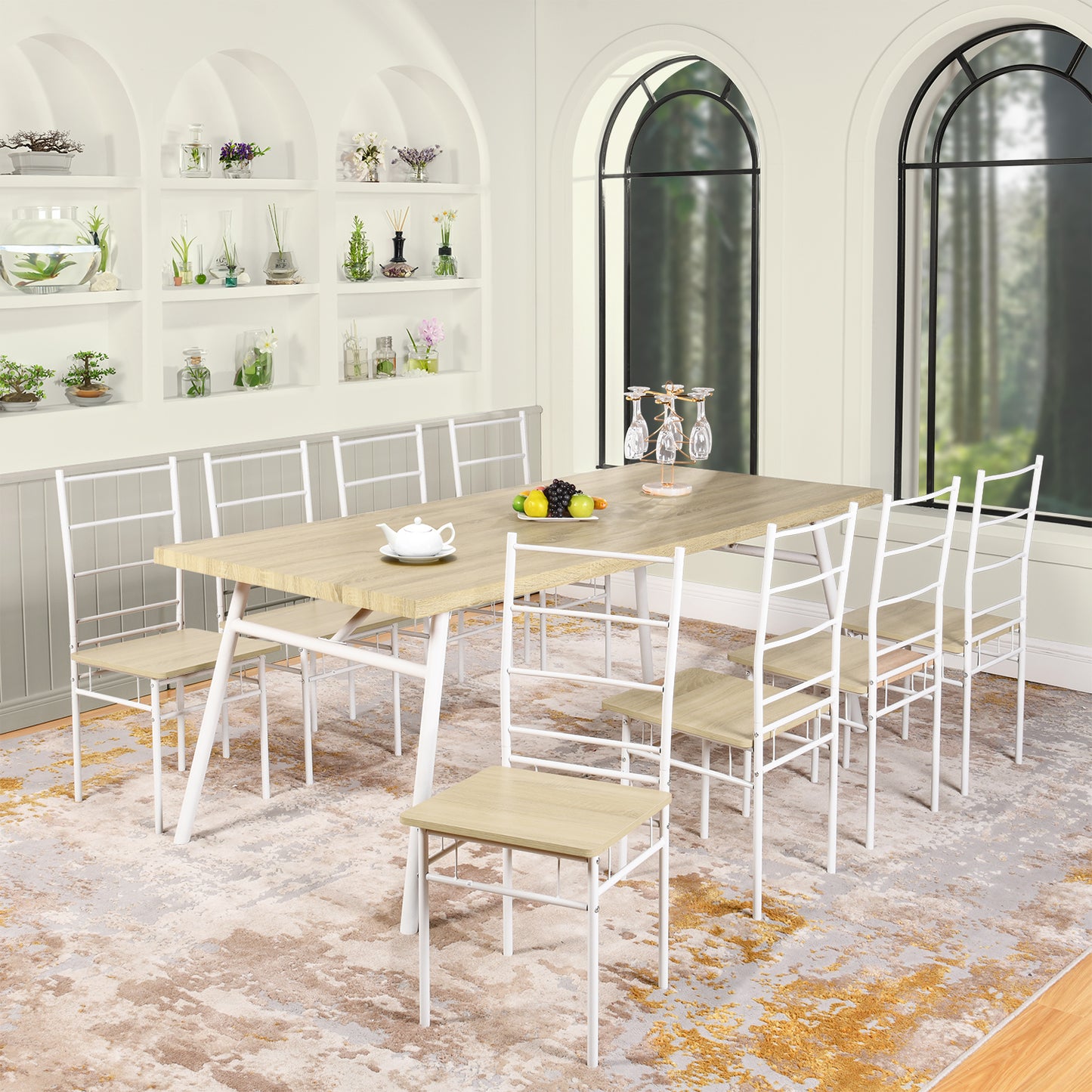 Ensemble de 4 chaises de salle à manger à dossier haut en hêtre clair et pieds en fer blanc de style industriel