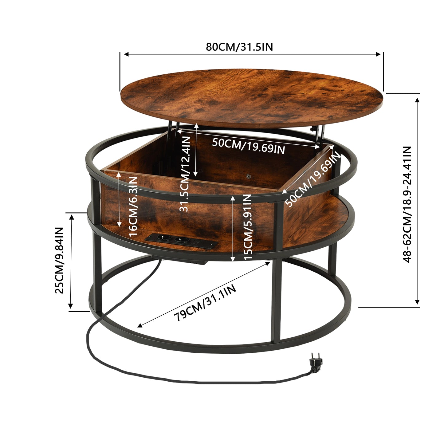 Table Basse Relevable, avec Compartiment Caché et Cadre Métallique Robuste, Table Basse Salon Bois Style Rétro, 80x80x48-62cm