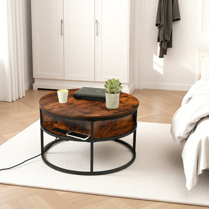 Table Basse Relevable, avec Compartiment Caché et Cadre Métallique Robuste, Table Basse Salon Bois Style Rétro, 80x80x48-62cm