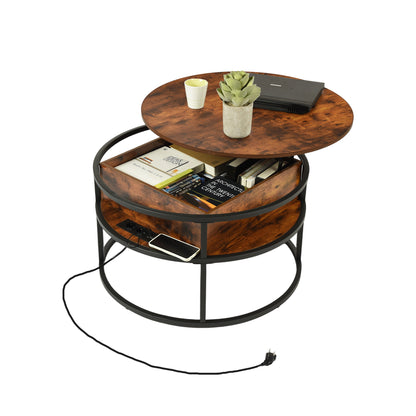 Table Basse Relevable, avec Compartiment Caché et Cadre Métallique Robuste, Table Basse Salon Bois Style Rétro, 80x80x48-62cm