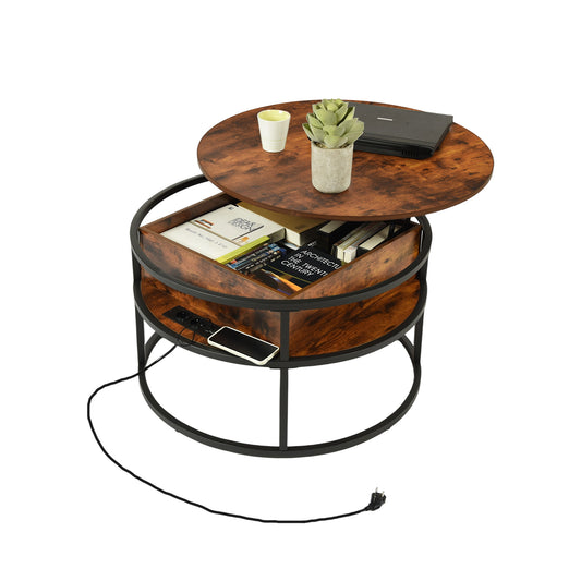Table Basse Relevable, avec Compartiment Caché et Cadre Métallique Robuste, Table Basse Salon Bois Style Rétro, 80x80x48-62cm