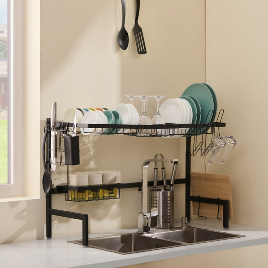 Égouttoir Vaisselle Cuisine 2 Niveaux, Noir, Accessoire Pratique et Facile à Nettoyer, Séchoir à Vaisselle Rangement