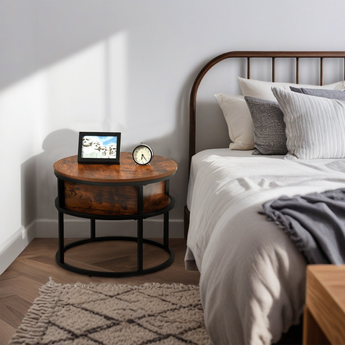 Table Basse Ronde Relevable avec Rangement Caché Design Rustique en Bois Table de Salon Moderne et Élégante pour Rangement Pratique