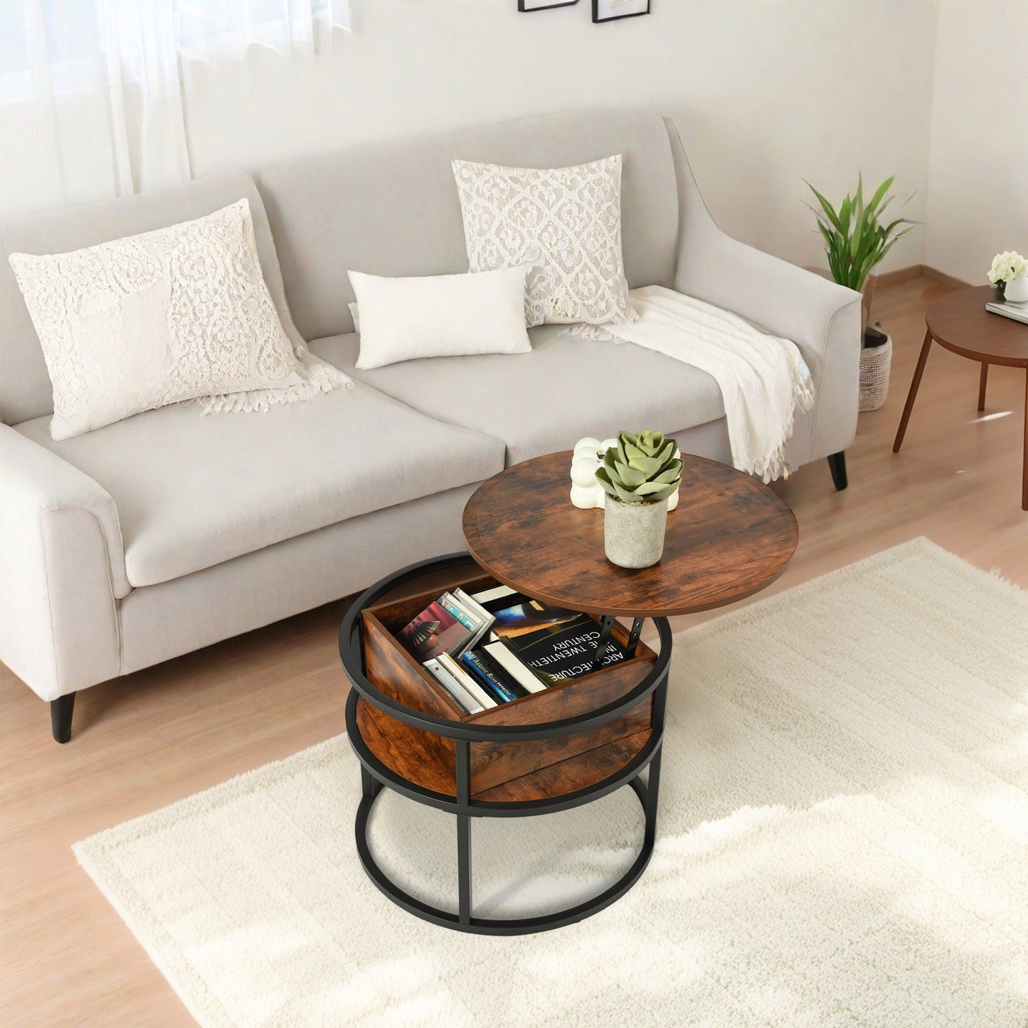 Table Basse Ronde Relevable avec Rangement Caché Design Rustique en Bois Table de Salon Moderne et Élégante pour Rangement Pratique