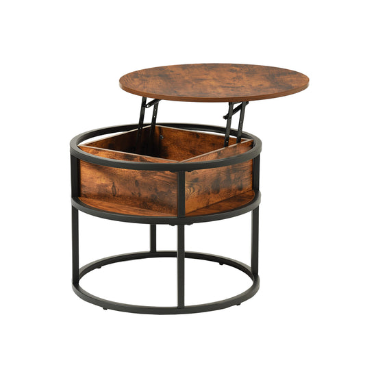 Table Basse Ronde Relevable avec Rangement Caché Design Rustique en Bois Table de Salon Moderne et Élégante pour Rangement Pratique