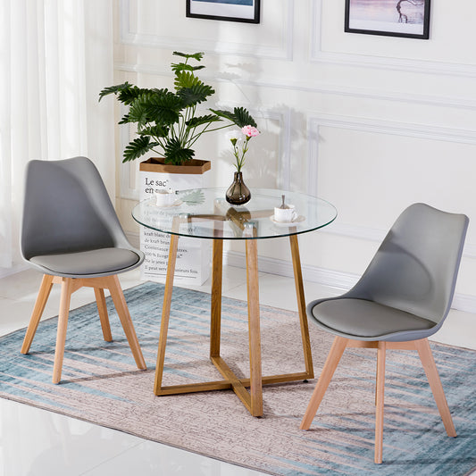 Ensemble de Table et Chaises de Salle à Manger Scandinave - Table Ronde Transparente Φ80*75cm avec 2 Chaises Grises Élégantes 46x43x83cm