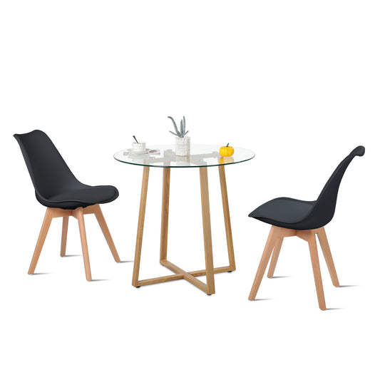 Table à manger ronde transparente  Scandinave Φ80*75cm et 2 chaises noir 46x 43 x 83 cm