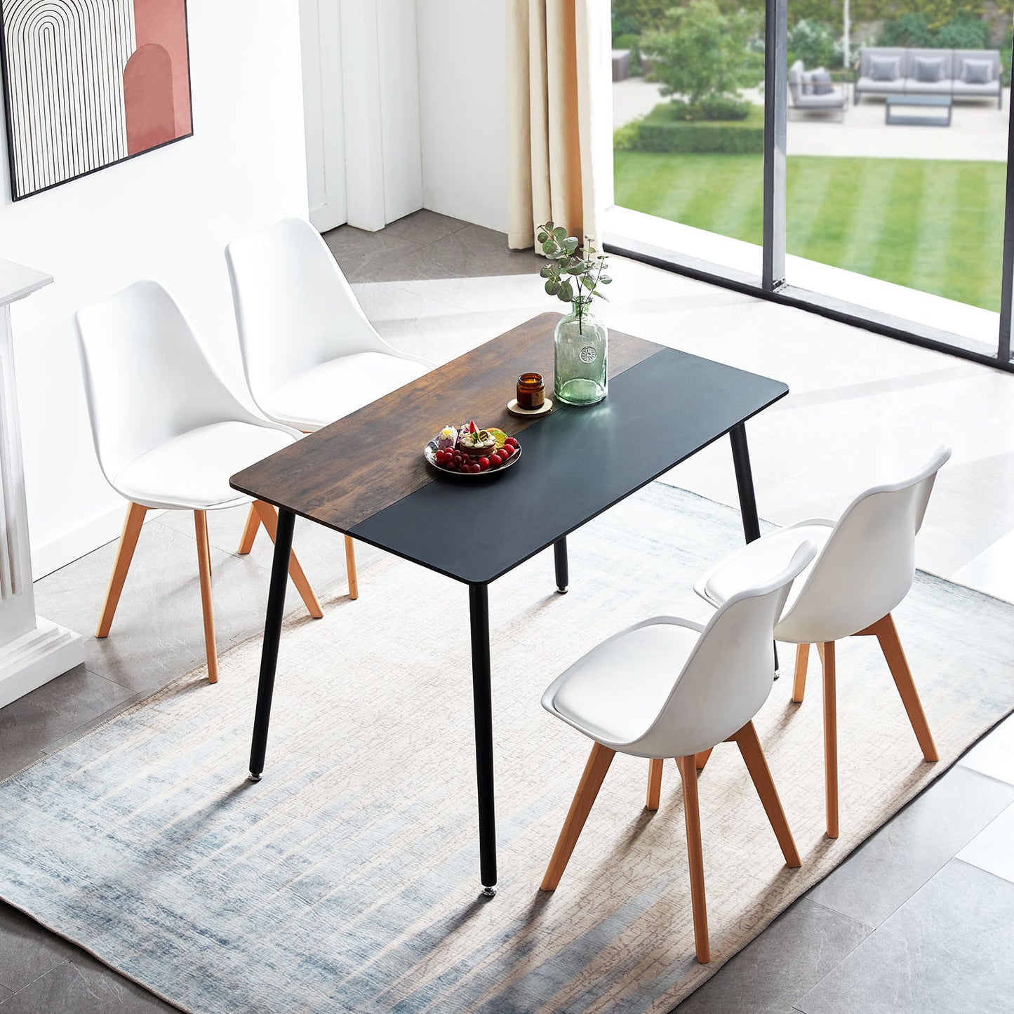 Table à Manger pour 4 à 6 Personnes au Style Moderne - Plateau en Placage Mat avec Pieds en Bois et Coutures Noires et Marron - 110 x 70 x 73 cm