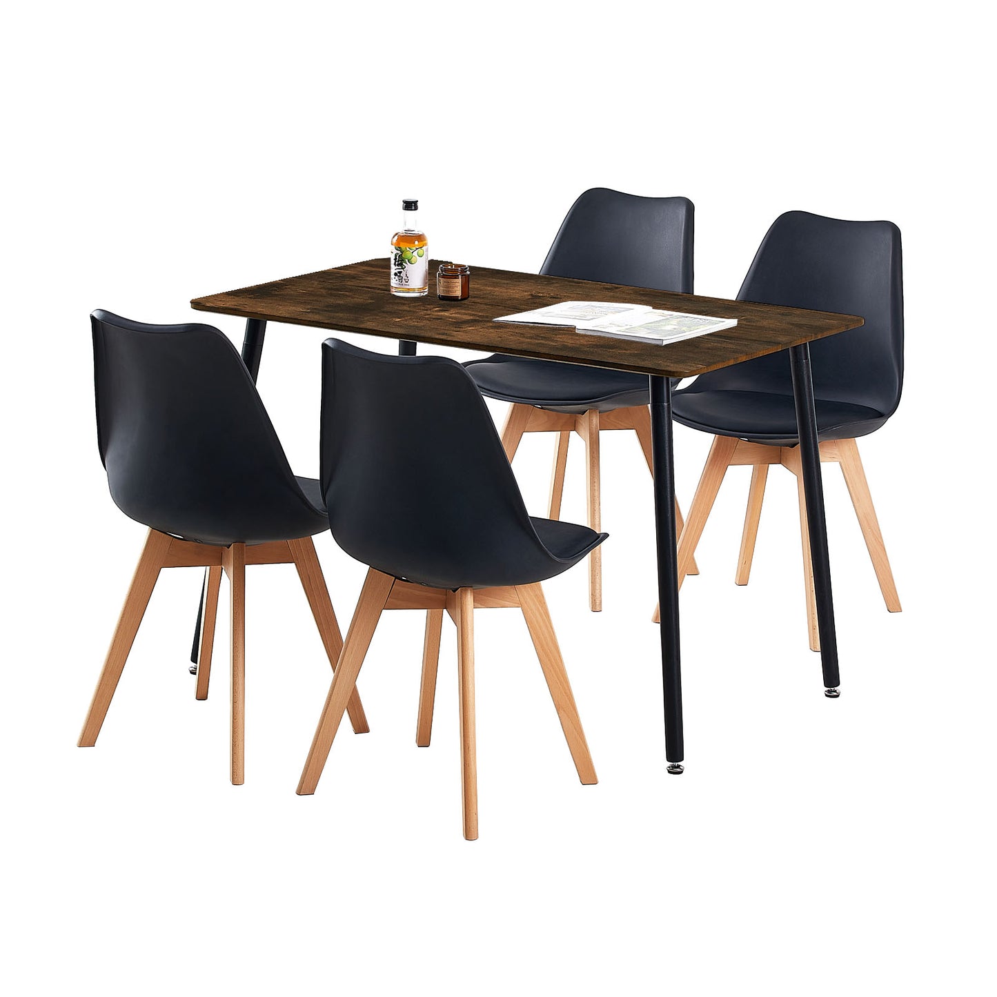 Table à Manger pour 4 à 6 Personnes au Style Industriel - Plateau en Placage Marron Mat avec Pieds en Bois - 110 x 70 x 73 cm