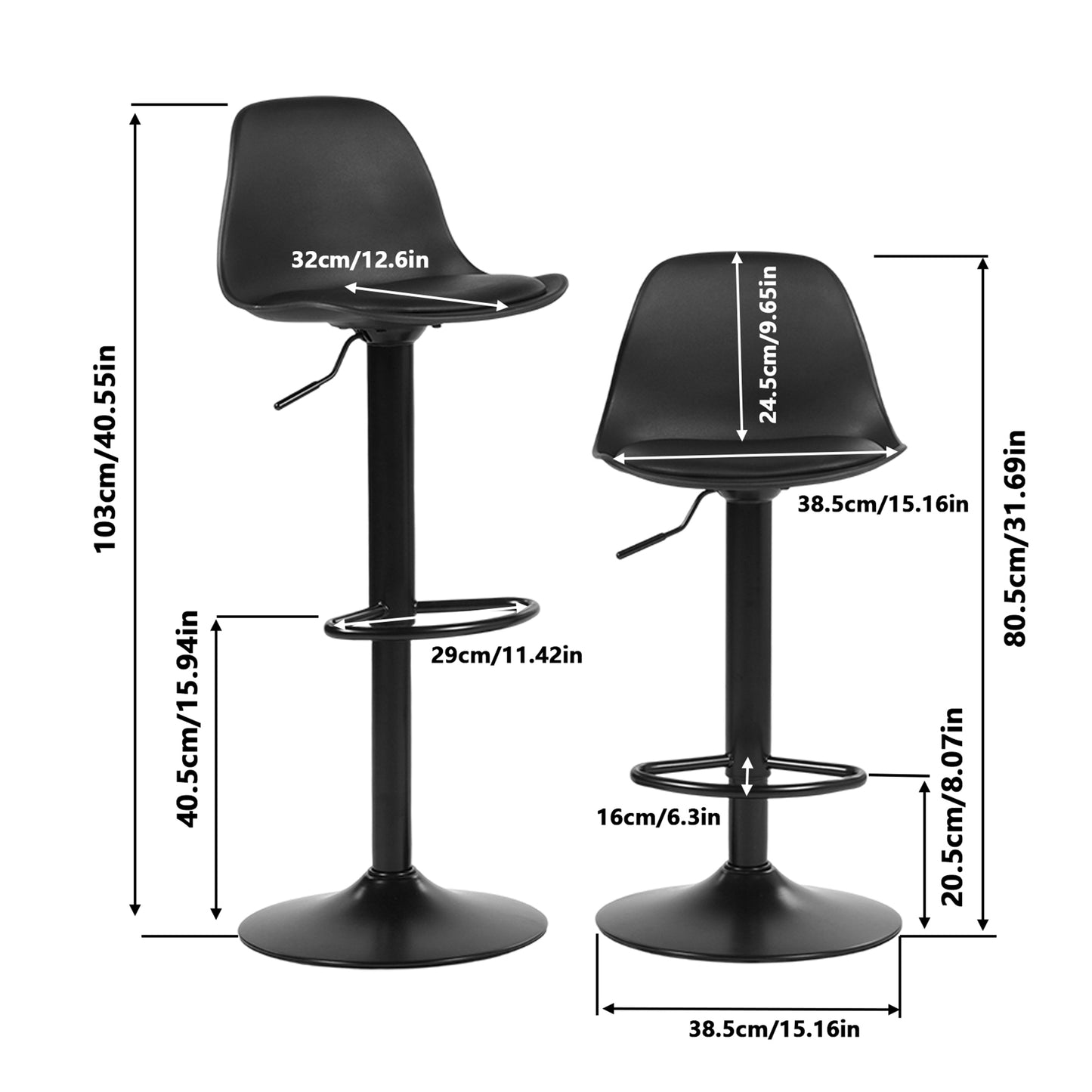 Chaise de Bar Lot de 4 - Tabouret Réglable en Hauteur avec Dossier et Repose-Pieds, Pivotant à 360°, Design Moderne pour Cuisine, Îlot Central, Café et Salle à Manger, Noir