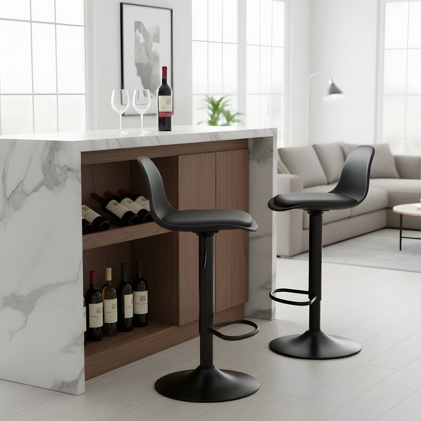 Chaise de Bar Lot de 4 - Tabouret Réglable en Hauteur avec Dossier et Repose-Pieds, Pivotant à 360°, Design Moderne pour Cuisine, Îlot Central, Café et Salle à Manger, Noir