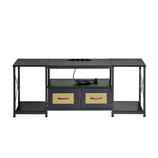 Meuble TV bas de style industriel 2 tiroirs, support télévision, avec étagères et armoires de rangement pour salon,140*40*55cm--Noir