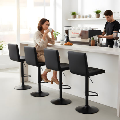 Tabouret de Bar Lot de 4 - Chaise Haute Réglable en Hauteur avec Dossier, Repose-Pieds et Rotation 360°, Cuir Synthétique Durable, Design Moderne pour Cuisine, Ilot Central, Café et Salle à Manger, Noir