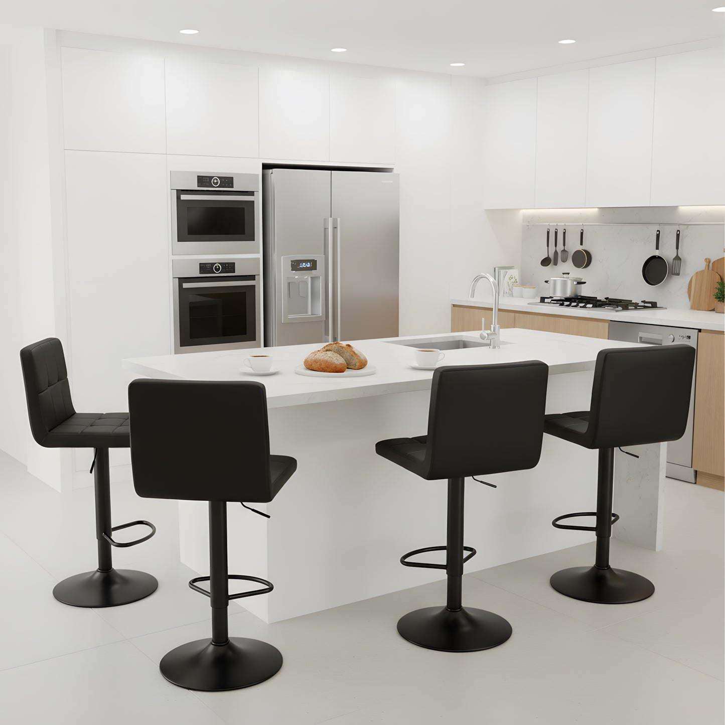 Tabouret de Bar Lot de 4 - Chaise Haute Réglable en Hauteur avec Dossier, Repose-Pieds et Rotation 360°, Cuir Synthétique Durable, Design Moderne pour Cuisine, Ilot Central, Café et Salle à Manger, Noir