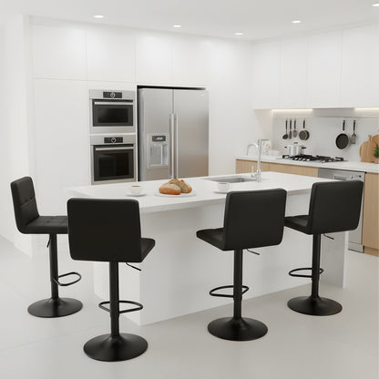 Tabouret de Bar Lot de 4 - Chaise Haute Réglable en Hauteur avec Dossier, Repose-Pieds et Rotation 360°, Cuir Synthétique Durable, Design Moderne pour Cuisine, Ilot Central, Café et Salle à Manger, Noir