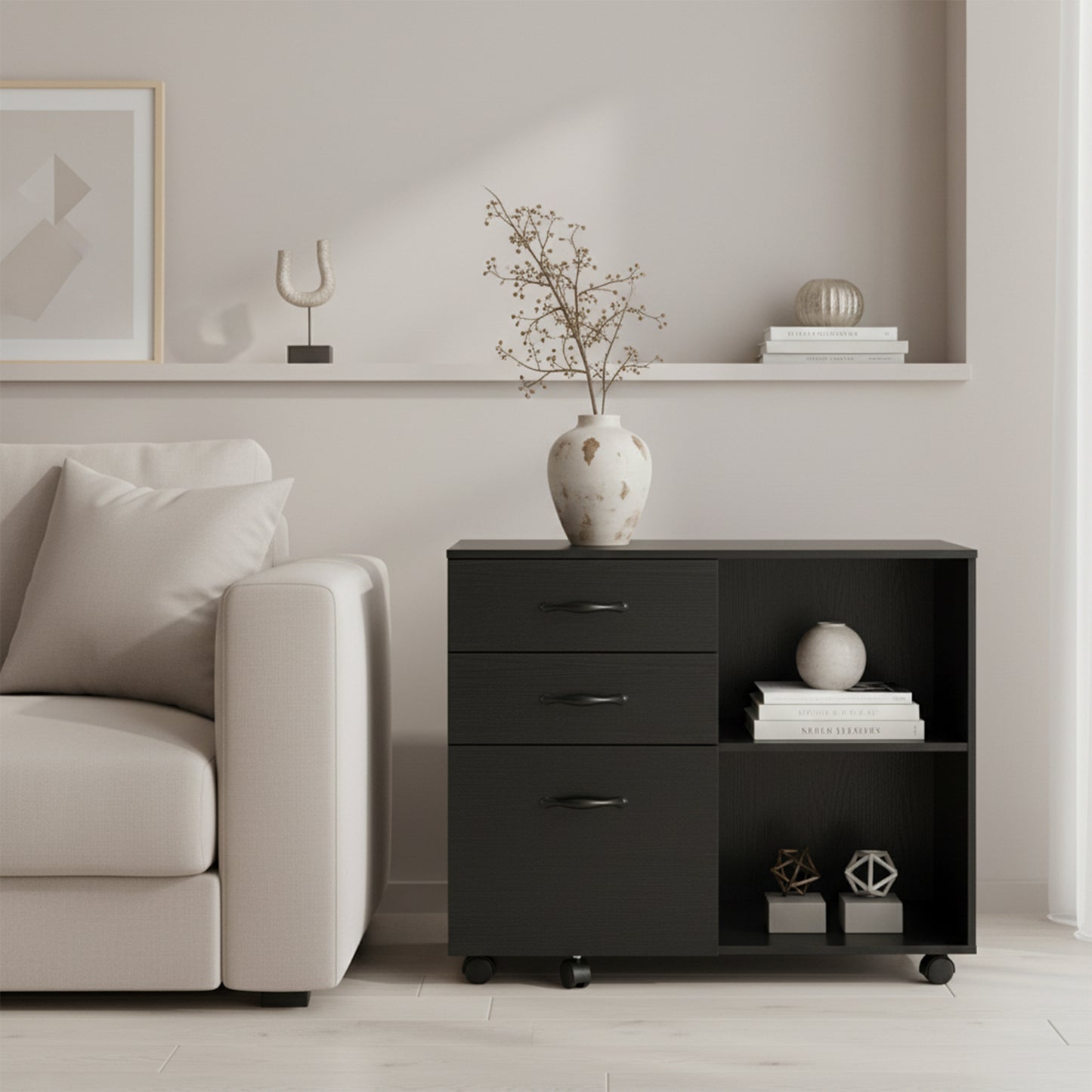 Meuble de bureau à roulettes avec 5 roulettes, 3 tiroirs et 2 compartiments ouverts, design industriel, pour documents, noir