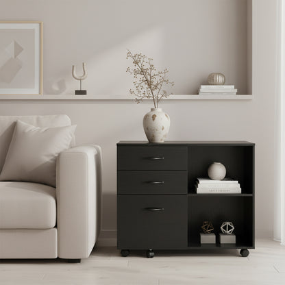 Meuble de bureau à roulettes avec 5 roulettes, 3 tiroirs et 2 compartiments ouverts, design industriel, pour documents, noir