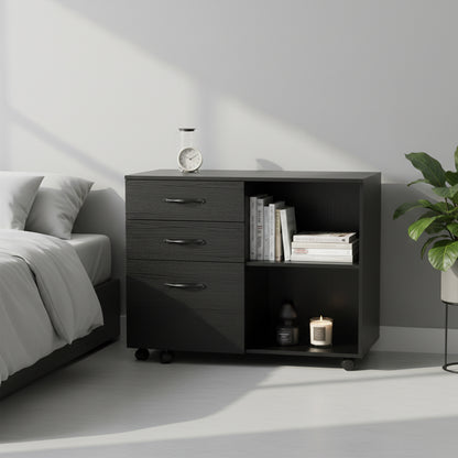 Meuble de bureau à roulettes avec 5 roulettes, 3 tiroirs et 2 compartiments ouverts, design industriel, pour documents, noir