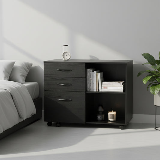 Meuble de bureau à roulettes avec 5 roulettes, 3 tiroirs et 2 compartiments ouverts, design industriel, pour documents, noir