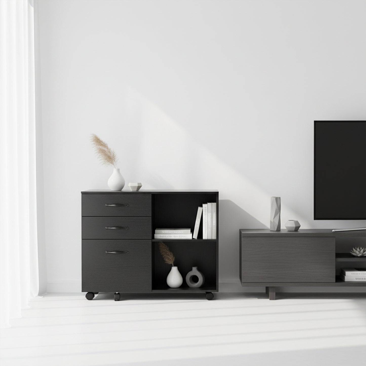 Meuble de bureau à roulettes avec 5 roulettes, 3 tiroirs et 2 compartiments ouverts, design industriel, pour documents, noir