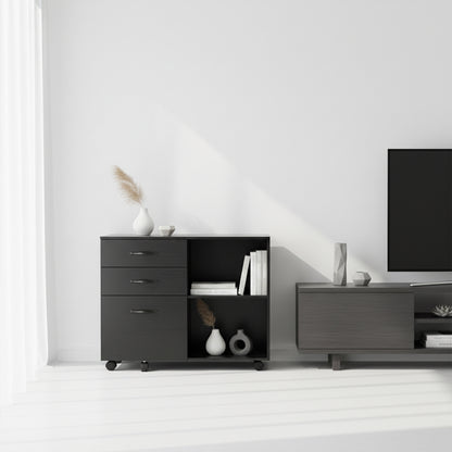 Meuble de bureau à roulettes avec 5 roulettes, 3 tiroirs et 2 compartiments ouverts, design industriel, pour documents, noir