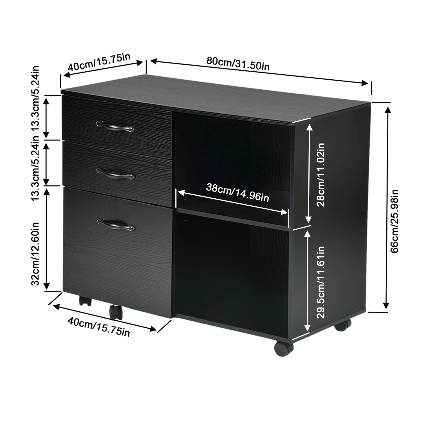 Meuble de bureau à roulettes avec 5 roulettes, 3 tiroirs et 2 compartiments ouverts, design industriel, pour documents, noir