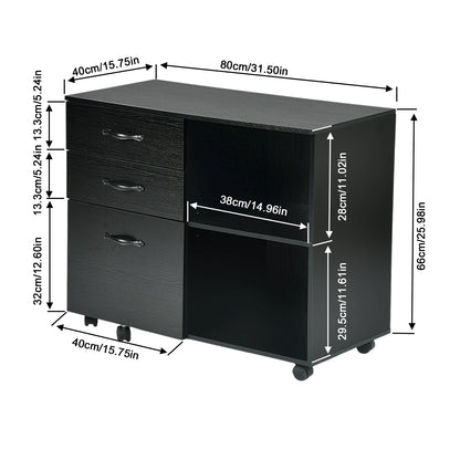 Meuble de bureau à roulettes avec 5 roulettes, 3 tiroirs et 2 compartiments ouverts, design industriel, pour documents, noir