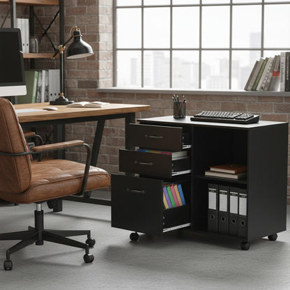 Meuble de bureau à roulettes avec 5 roulettes, 3 tiroirs et 2 compartiments ouverts, design industriel, pour documents, noir