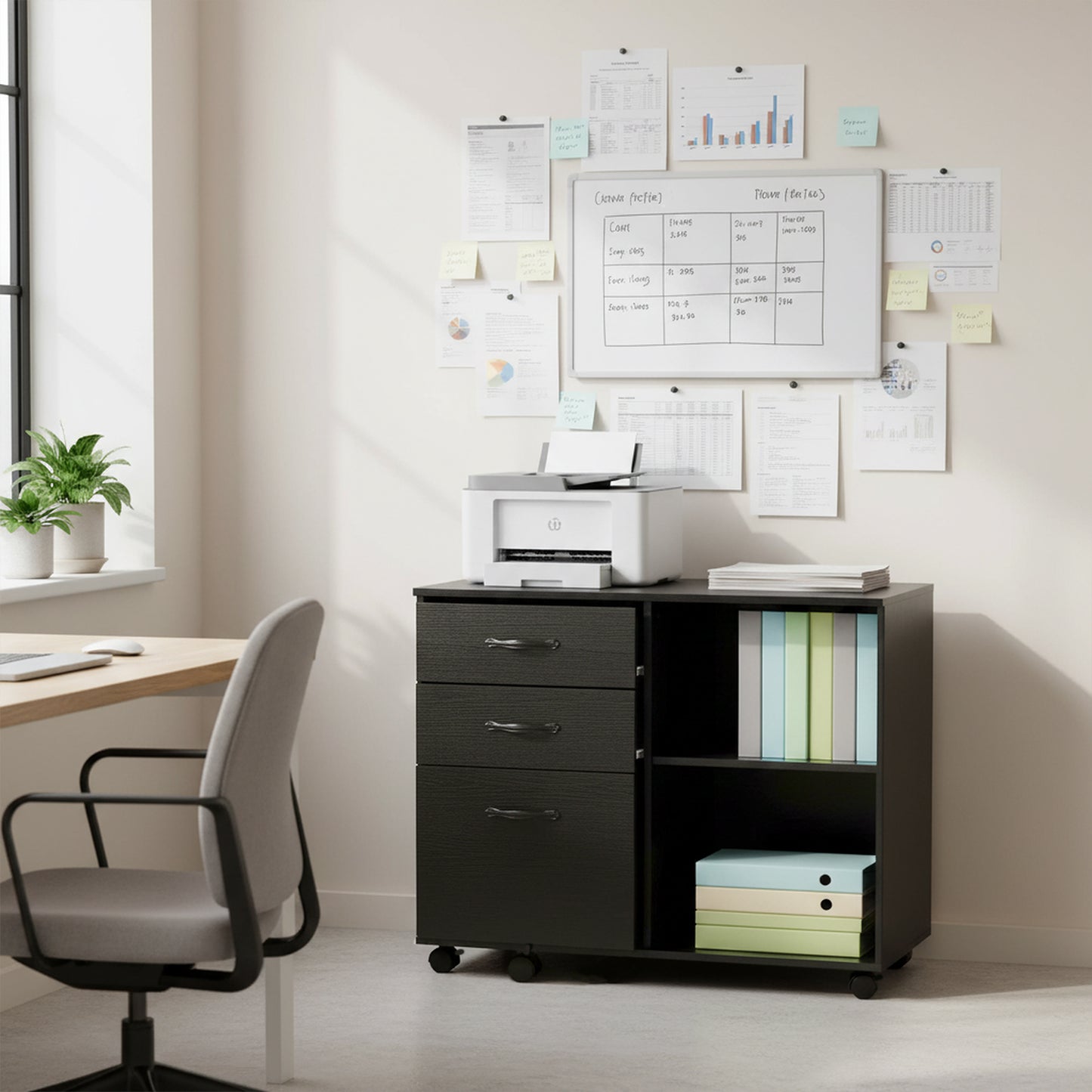 Meuble de bureau à roulettes avec 5 roulettes, 3 tiroirs et 2 compartiments ouverts, design industriel, pour documents, noir