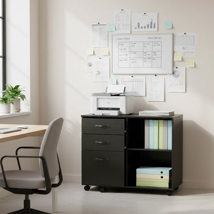 Meuble de bureau à roulettes avec 5 roulettes, 3 tiroirs et 2 compartiments ouverts, design industriel, pour documents, noir