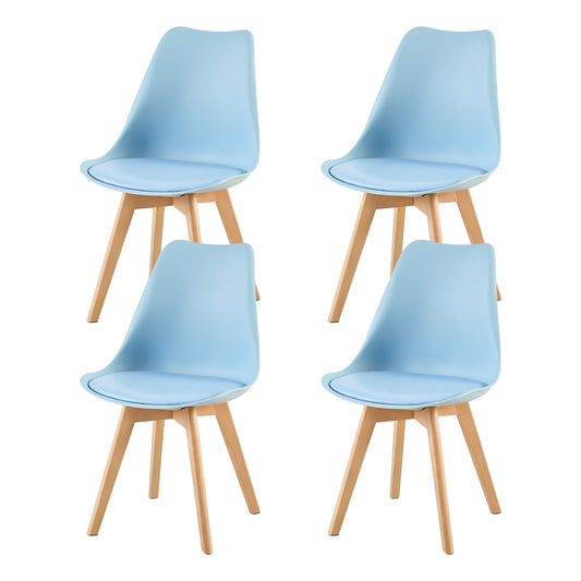 Lot de 4 chaises de salle à manger style nordique, chaise rétro rembourrée, pieds en bois de hêtre massif, bleu clair