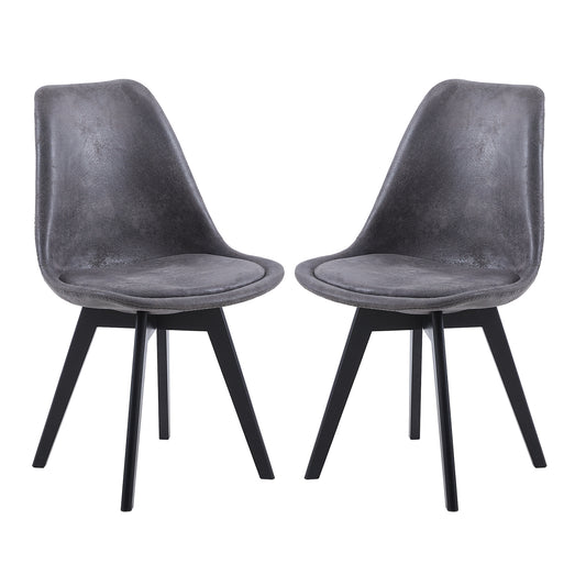 Lot de 2 Chaises de Salle à Manger Scandinaves en Suède Leather, Chaises de Cuisine avec Rembourrés & Pieds en Bois Massif Peints en Noir, Gris Foncé
